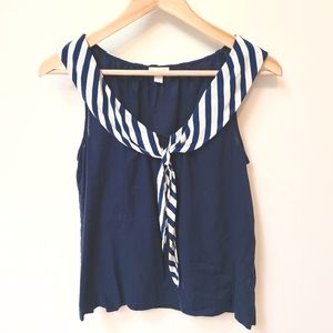 Odille Anthropologie Navy Blue Sleeveless Top With Striped Collar And Tie Size 2